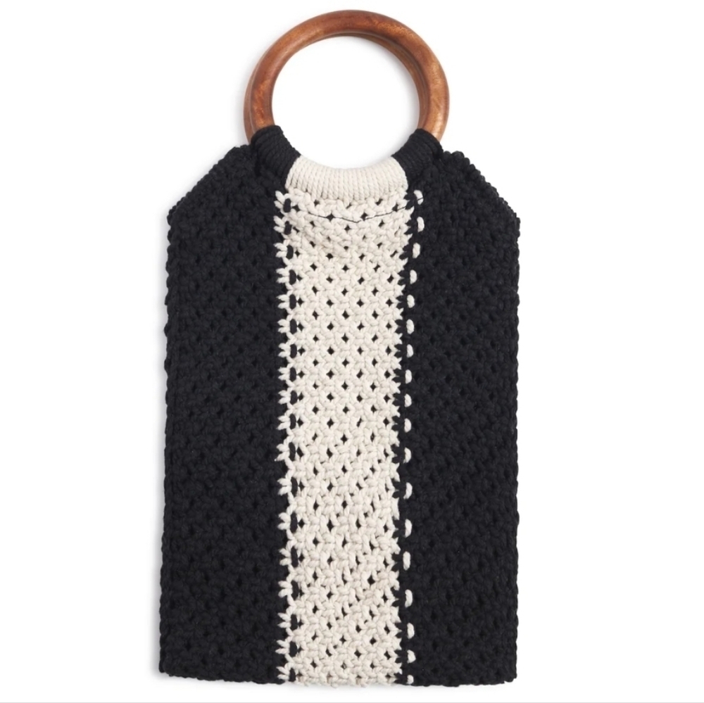 LAUDE THE LABEL‎ Gabby Macrame Mini Cotton Bag Cream Black Striped Wood Handle